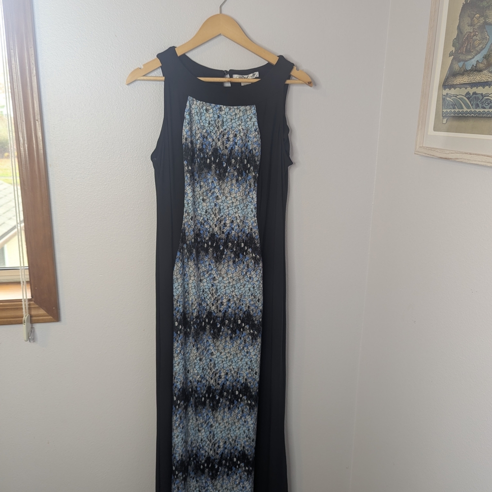 Christine Sleeveless Maxi Dress with Black‎ & Blue Printed Panel